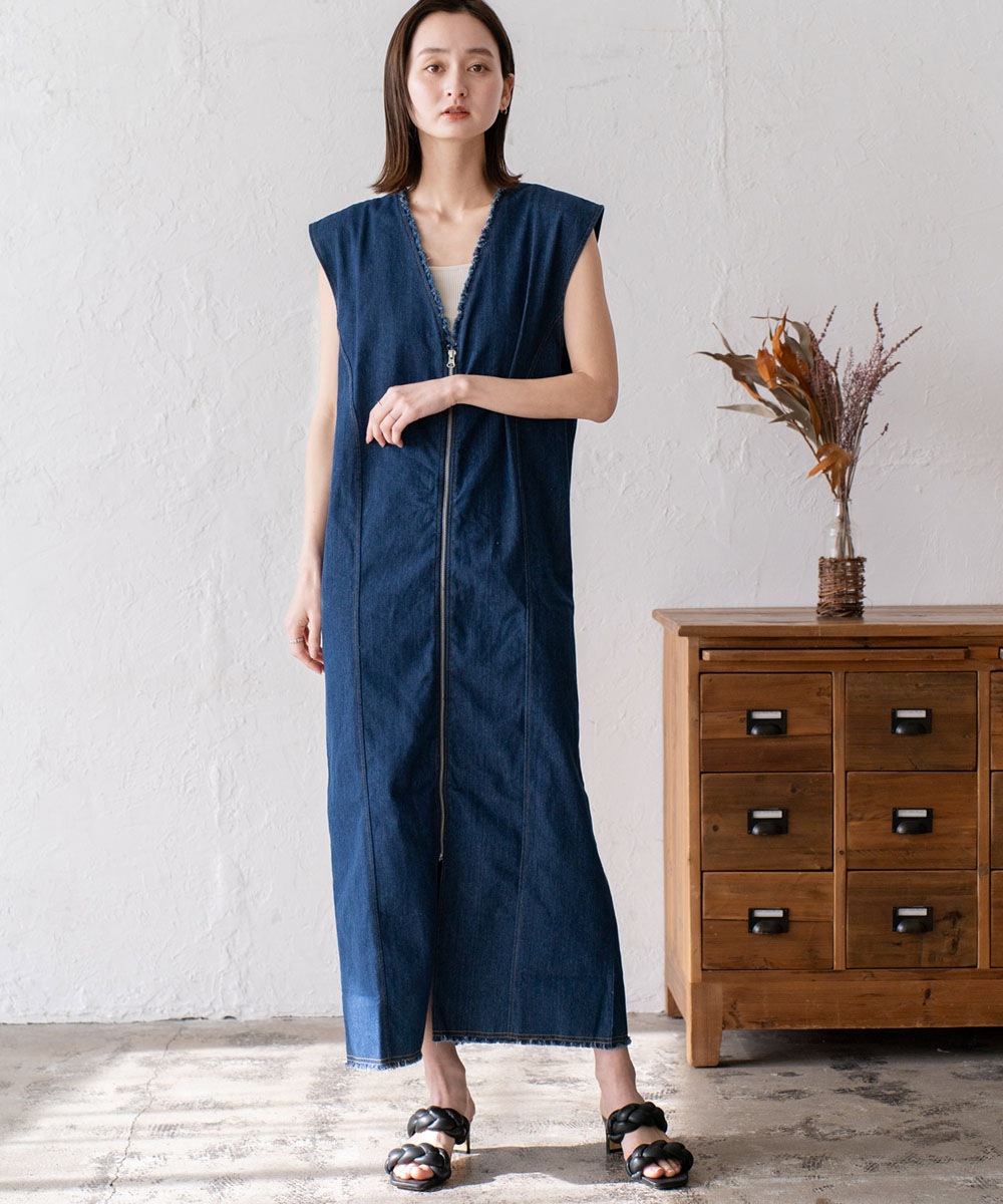 デニムワンピース Uネック ファスナー デニム S/M/L ファスナー付きデニムワンピース | ファッション,アパレル