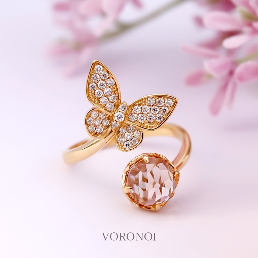 【 5営業日以内発送 / 在庫限り 】MINAMO - Morganite - 蝶々 ダイヤモンド フリーサイズリング / K18YG