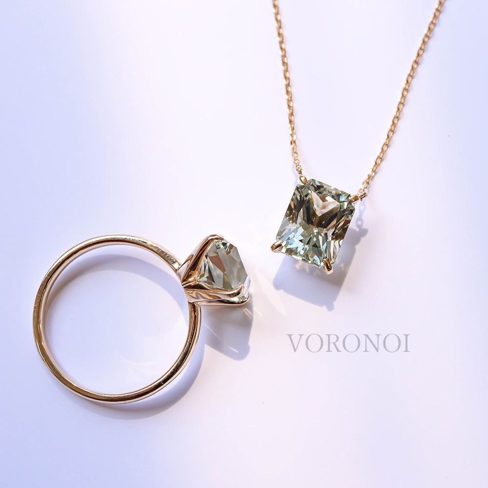 【 5営業日以内発送 / 在庫限り 】VORONOI Open Setting エメラルドカット 「グリーンクォーツ」 - シンプル - リング / K10WG