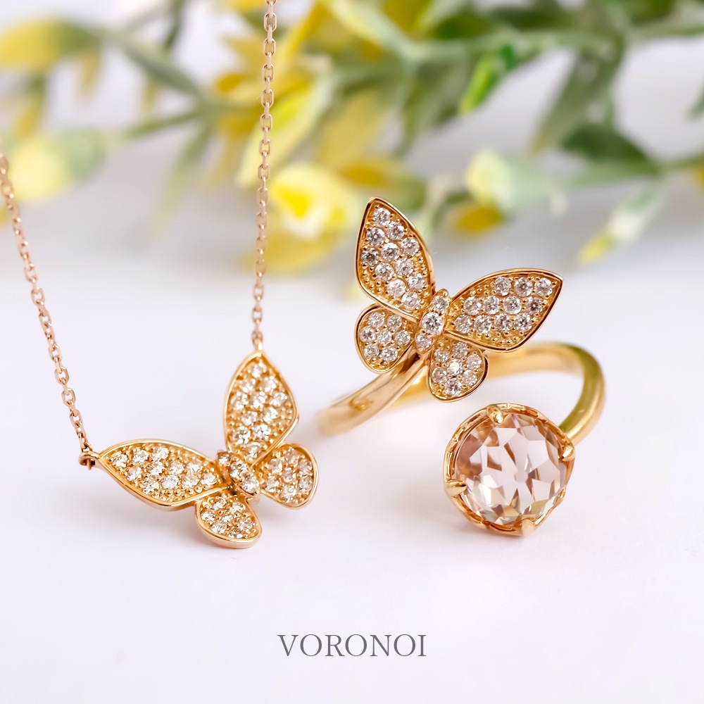 【 5営業日以内発送 / 在庫限り 】MINAMO - Morganite - 蝶々 ダイヤモンド フリーサイズリング / K18YG