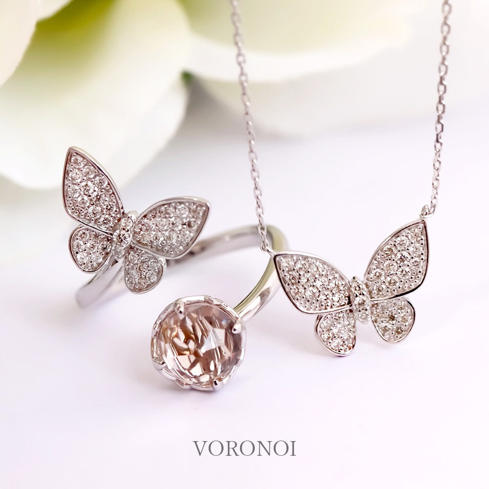 【 5営業日以内発送 / 在庫限り 】MINAMO - Morganite - 蝶々 ダイヤモンド フリーサイズリング / K18YG
