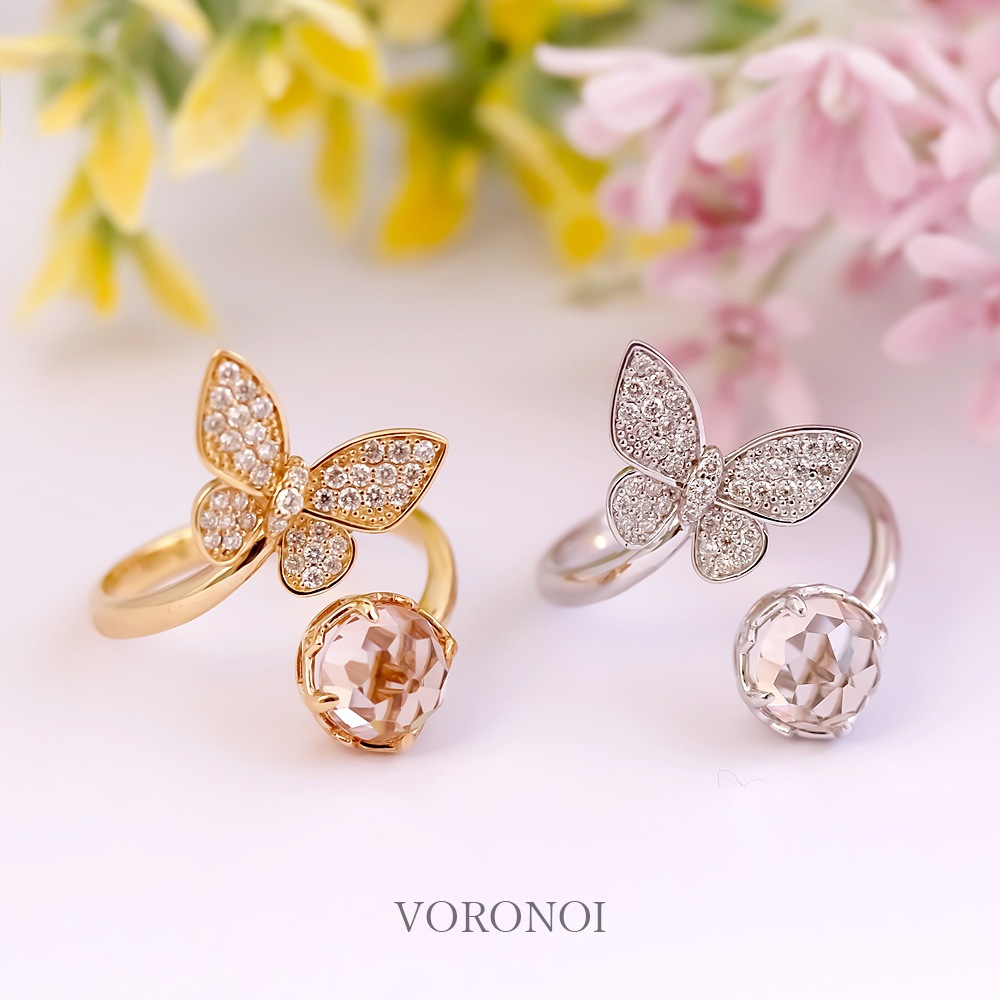 【 5営業日以内発送 / 在庫限り 】MINAMO - Morganite - 蝶々 ダイヤモンド フリーサイズリング / K18YG