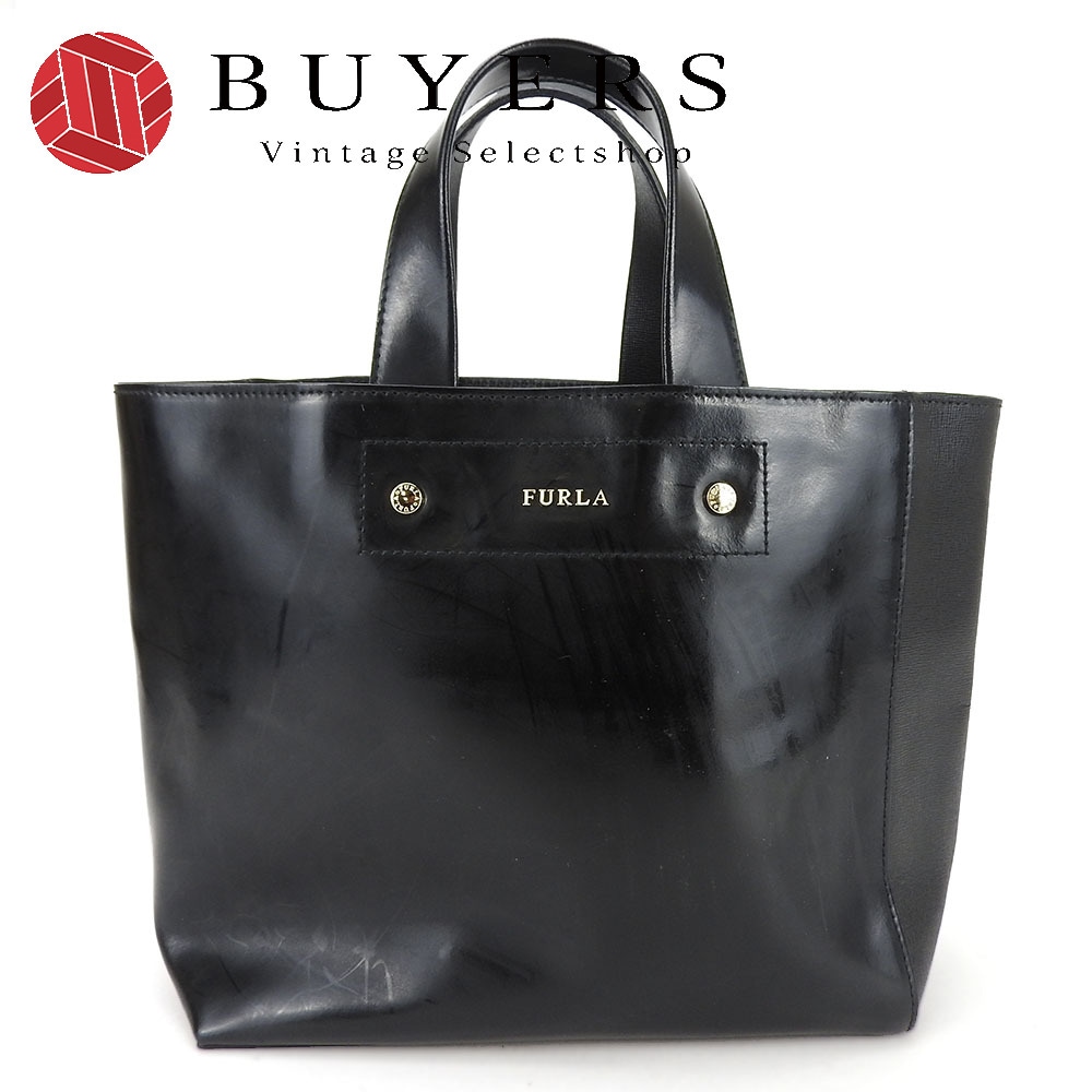 美品】フルラ レザー エナメル2WAY ショルダーバッグ 黒 ゴールド金具 