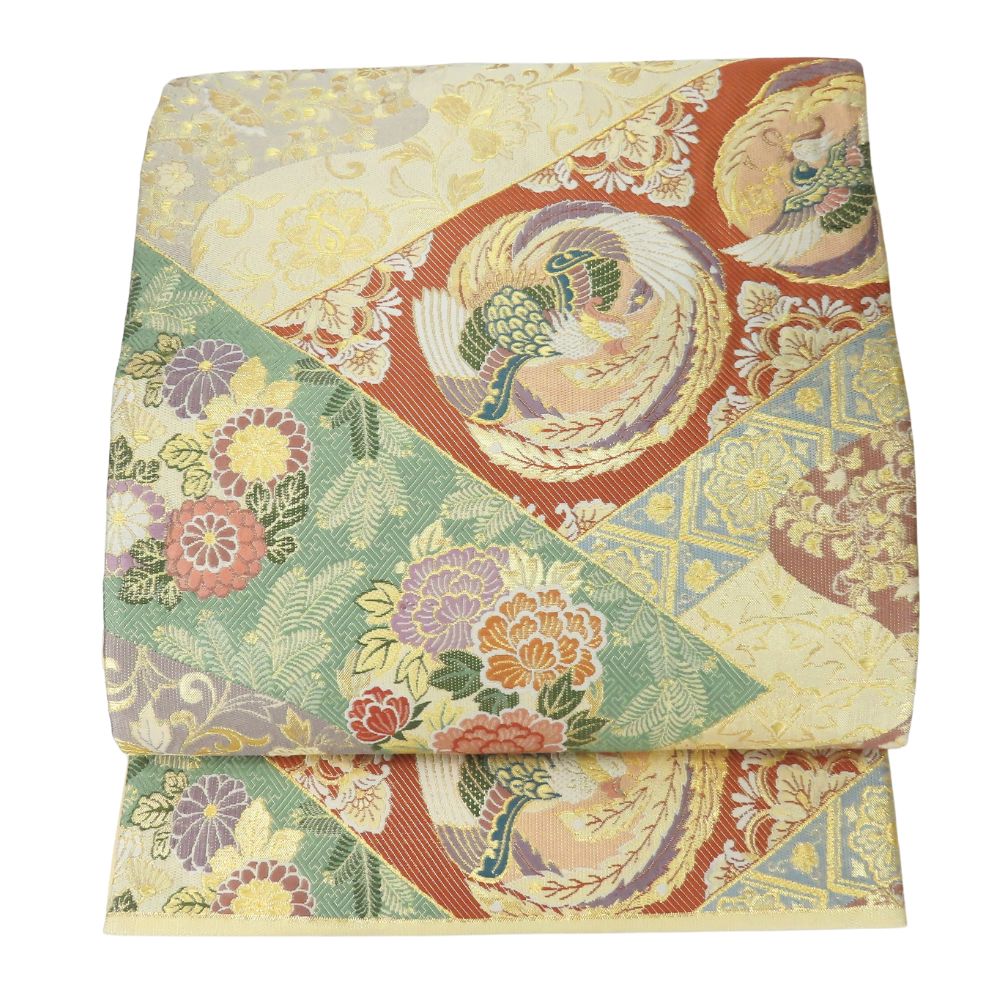 中古 袋帯 六通柄 吉祥文様 正絹(金銀糸除く) 金糸 ゴールド系 マルチカラー フォーマル 花唐草 日本伝統模様 和装 呉服 和服 きもの レディース 女性 中古】 袋帯 六通柄 吉祥文様 正絹(金銀糸除く) 金糸 ゴールド系
