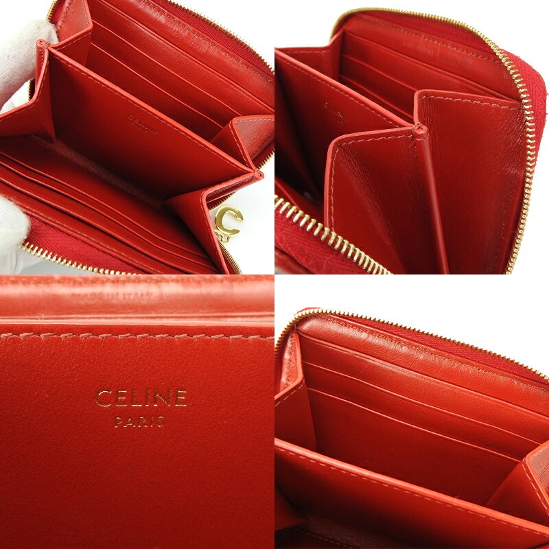 中古  セリーヌ コンパクトジップウォレット CELINE 10B663BFL.27ED Cチャーム カーフスキン レッド 赤 G金具  小物 compacr zipped wallet 中古】セリーヌ コンパクトジップウォレット CELINE 10B663BFL.27ED C