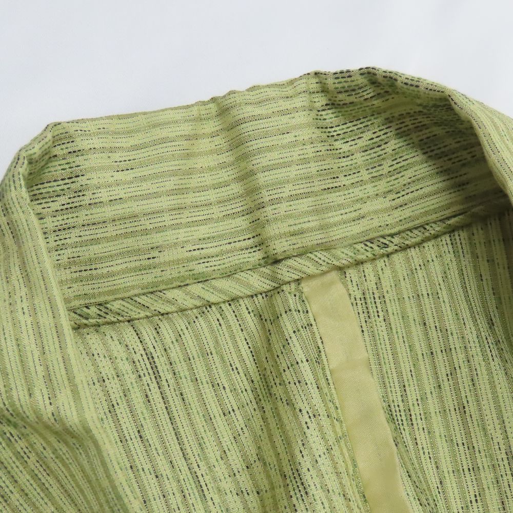 中古】 紬 正絹(金銀糸除く) カーキグリーン系 麻の葉模様 単衣 バチ襟