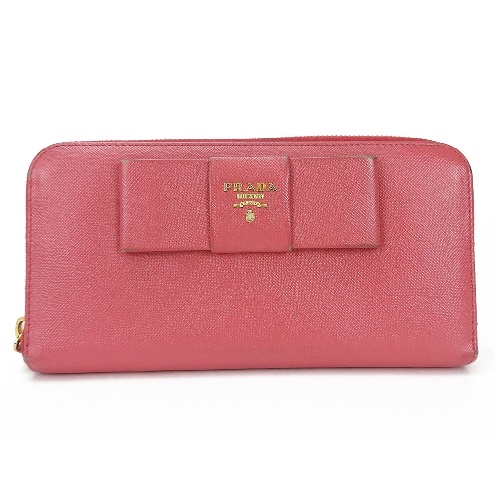 中古】プラダ ラウンドファスナー 長財布 リボン PEONIA ピンク