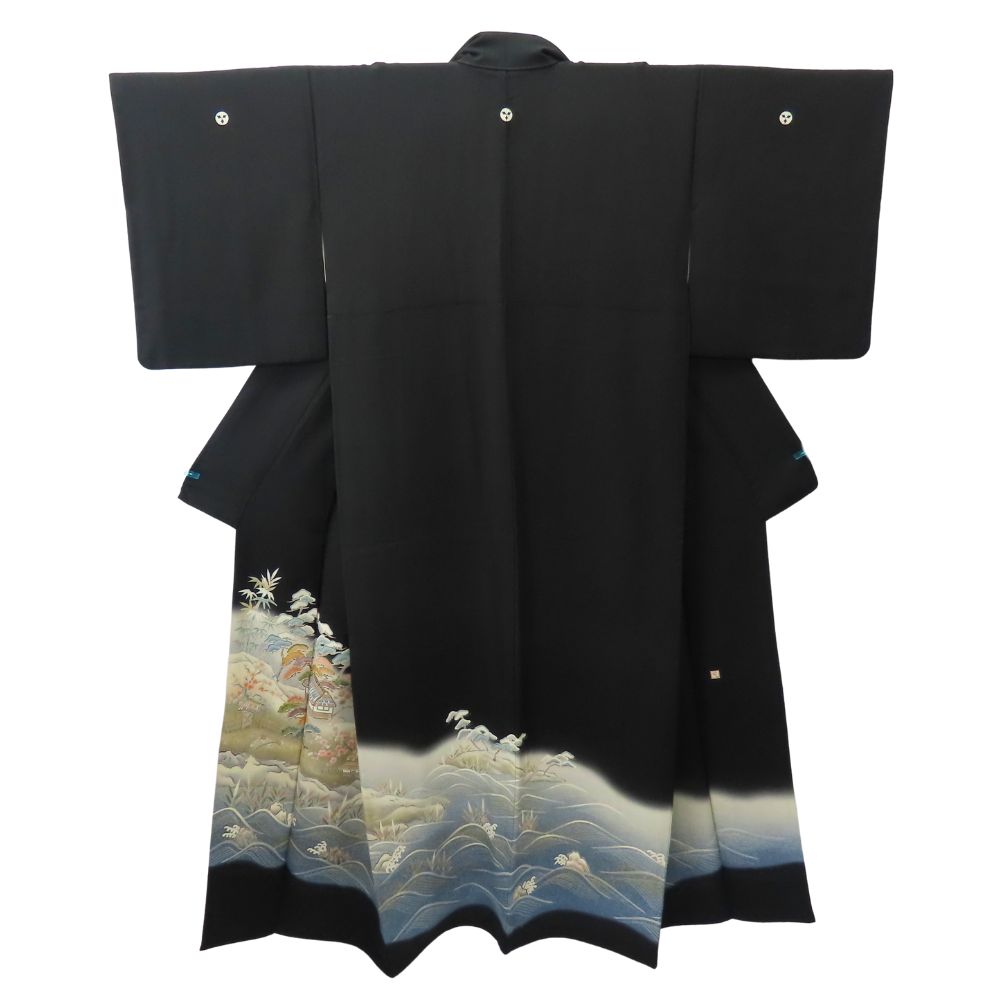 中古 留袖 正絹(金銀糸除く) ブラック ブルー 風景柄 フォーマル 落款あり 和装 呉服 和服 きもの レディース 女性 中古】 留袖 正絹(金銀糸除く) ブラック ブルー 風景柄 フォーマル
