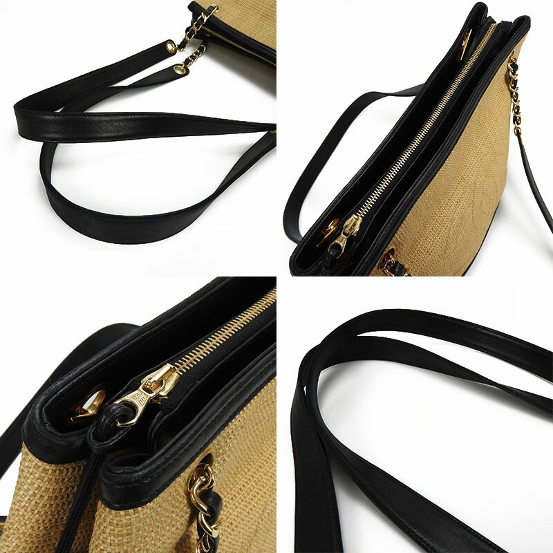 中古  シャネル チェーントートバッグ CHANEL ストローバッグ 2番台 ココマーク レザー ゴールド金具 肩掛け chain totebag coco gold lambskin black 中古】シャネル チェーントートバッグ CHANEL ストローバッグ 2番台