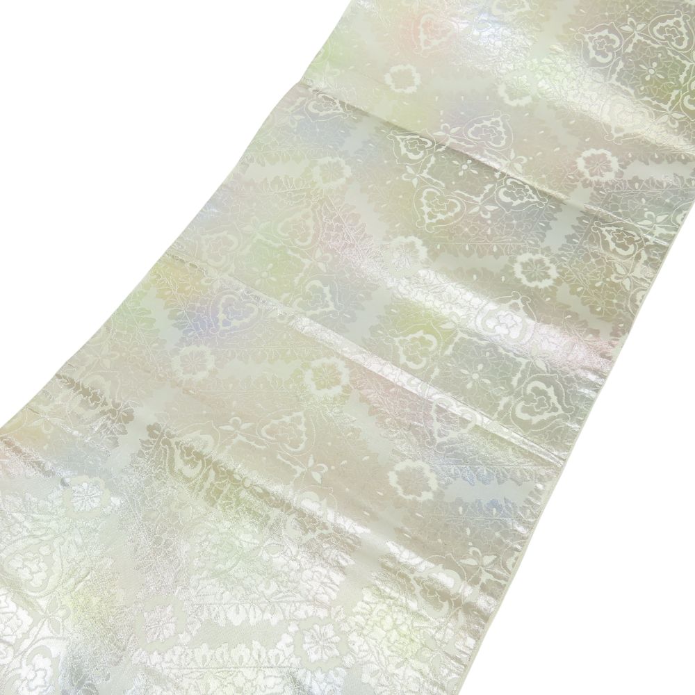 中古】 袋帯 亀甲更紗紋 やまと 正絹(金銀糸除く) シルバー クリーム系