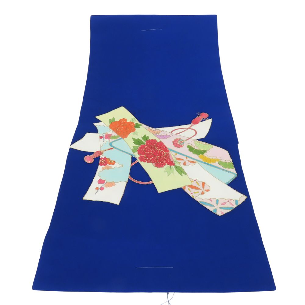 中古 未使用展示品 名古屋帯 塩瀬 しつけ糸あり 九寸 正絹(金銀糸除く) ブルー マルチカラー 名古屋仕立て お洒落 手描き 和装 呉服 和服 きもの レディース 女性 中古】未使用展示品 名古屋帯 塩瀬 しつけ糸あり 九寸 正絹(金銀糸除く