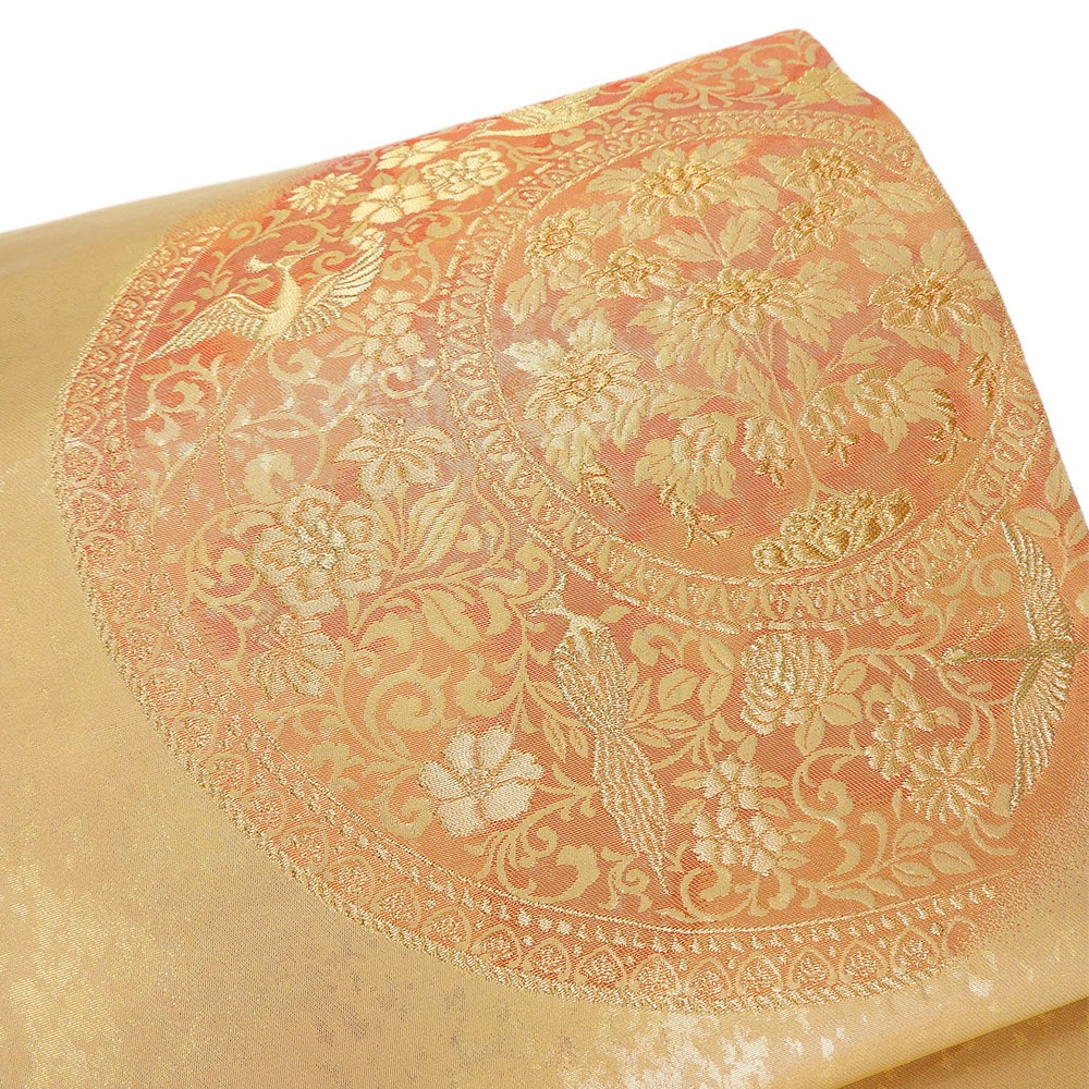 中古  袋帯 鏡裏文 金地 ゴールド イエロー オレンジ 引き箔 お太鼓柄 フォーマル用 正絹 シルク 呉服 着物 中古】袋帯 鏡裏文 金地 ゴールド イエロー オレンジ 引き箔 お太鼓柄