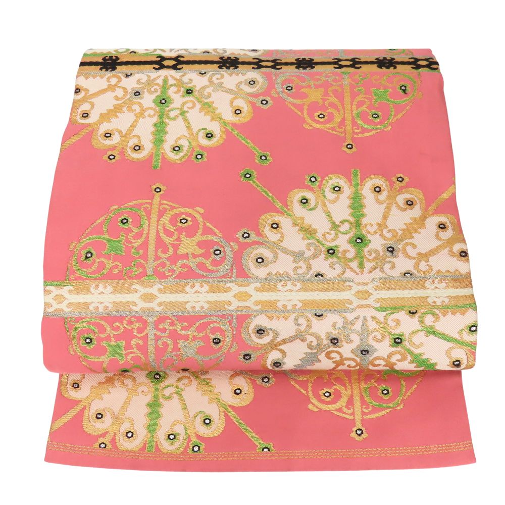 中古 名古屋帯 九寸 正絹(金銀糸除く) ピンク ゴールド マルチカラー 名古屋仕立て お洒落 川島織物 和装 呉服 和服 きもの レディース 女性 中古】 名古屋帯 九寸 正絹(金銀糸除く) ピンク ゴールド マルチカラー