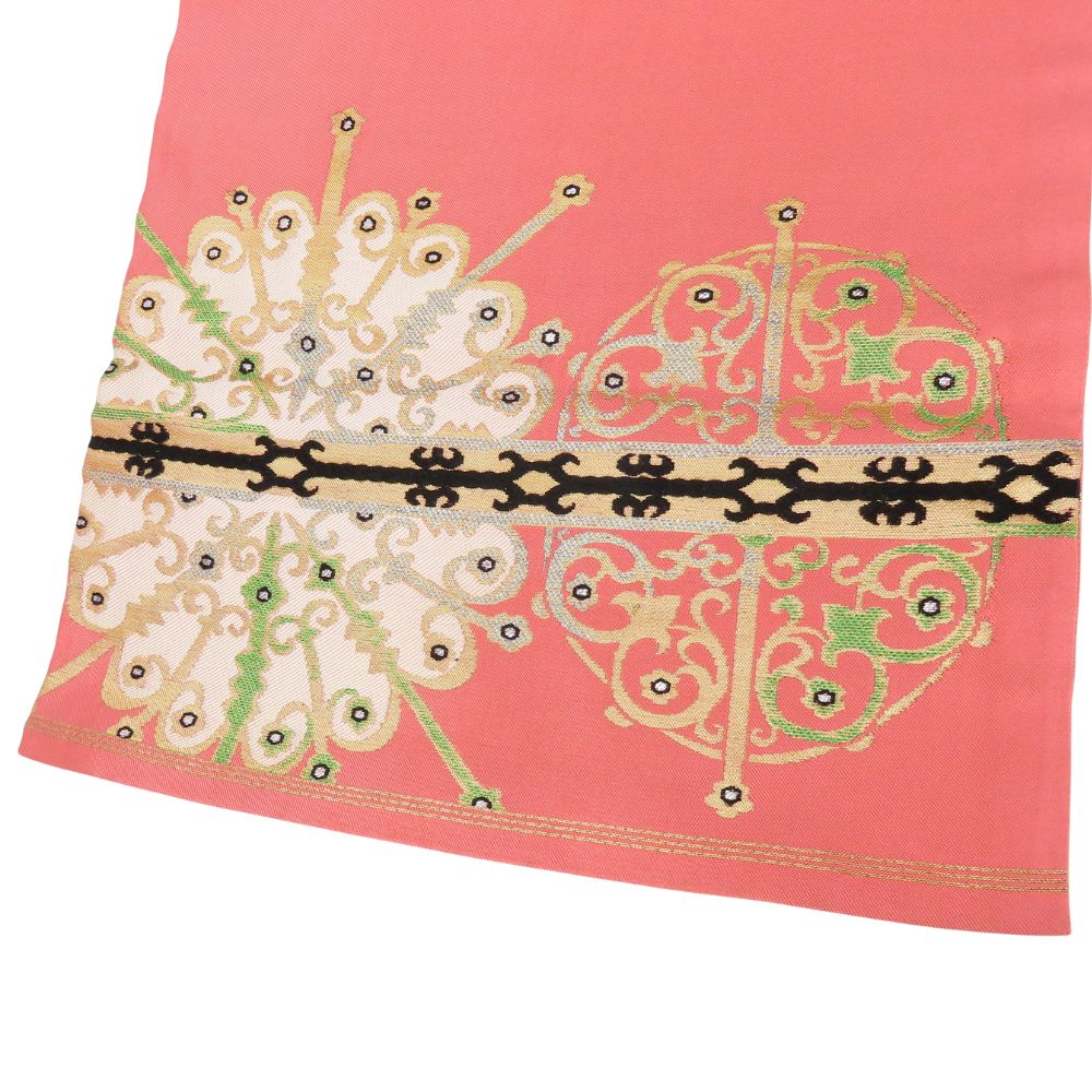 中古】 名古屋帯 九寸 正絹(金銀糸除く) ピンク ゴールド マルチカラー