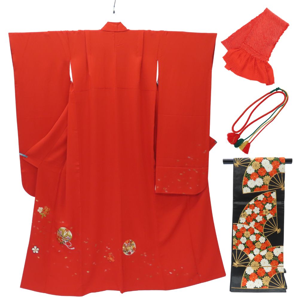 中古】 振袖 5点セット 十三参り 正絹(金銀糸除く) レッド 刺繍 和装