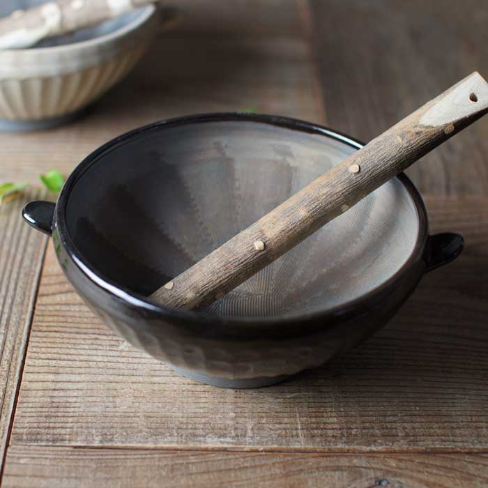 益子焼のすり鉢 【中サイズ/黒】 すりこぎ棒セット 陶器製 日本製