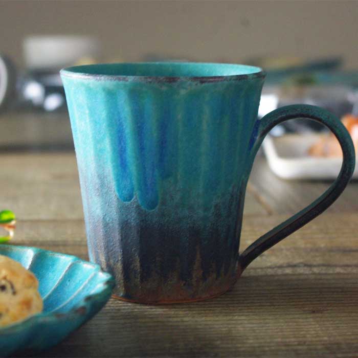 シャビーターコイズ ストレートマグカップ 益子焼 おしゃれ しのぎ