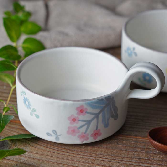 益子焼 いろづきシリーズ スープカップAタイプ 小鳥 花模様