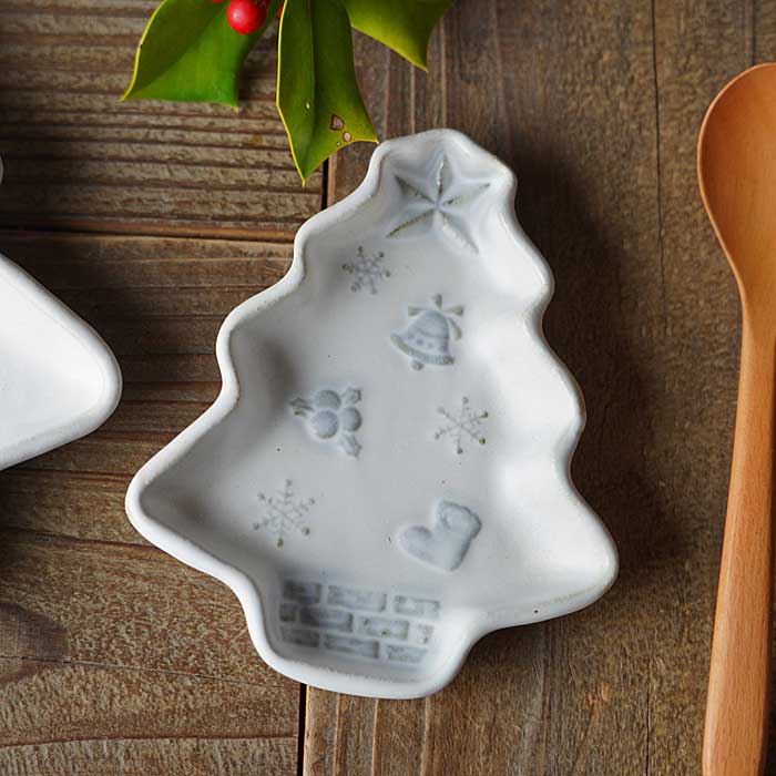 益子焼 クリスマスツリーの小皿【スノーホワイト】わかさま陶芸 菓子皿