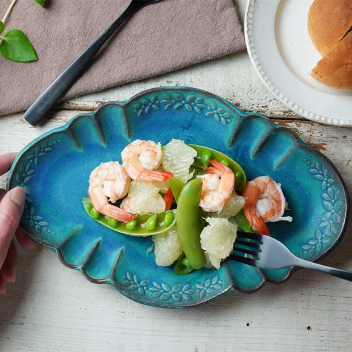 益子焼 ラビエプレート シャビーターコイズ わかさま陶芸 楕円皿