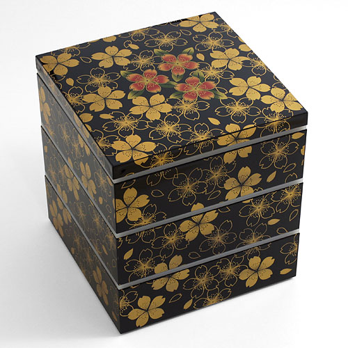 山中塗　6.5角三段重箱　華の舞　黒内朱