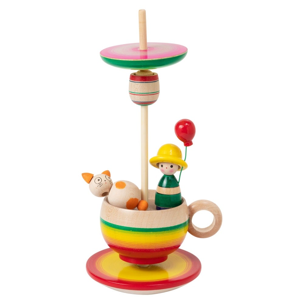 仕掛け独楽】からくりコマ ねことコーヒーカップ 山形県の木地玩具