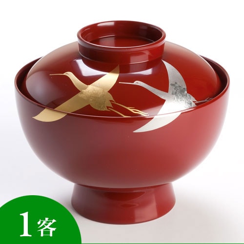 【蓋付き椀】雑煮椀　千羽鶴　朱　１客 (MA-548)　Bowl with lid