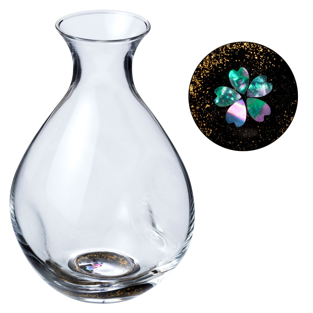 高岡漆器　螺鈿硝子　徳利　金桜・黒　容量210ml　日本酒　冷酒　ガラス製とっくり　漆塗りガラス　化粧箱入り　富山県伝統工芸品