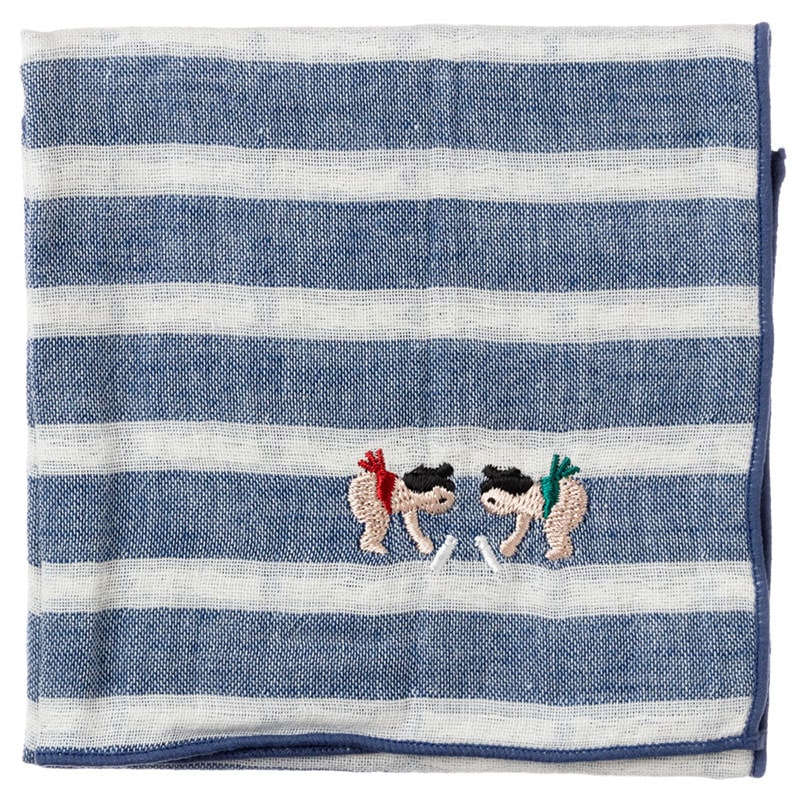 相撲ハンカチ　はっけよい（ボーダー）　刺繍入りガーゼハンカチ　スーベニール　Japanese pattern embroidered gauze handkerchief