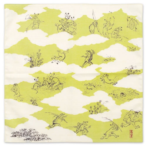 チーフ風呂敷　鳥獣人物戯画　雲取り　グリーン　48cm幅綿風呂敷　Choju-jinbutsu-giga Furoshiki  Wrapping cloth
