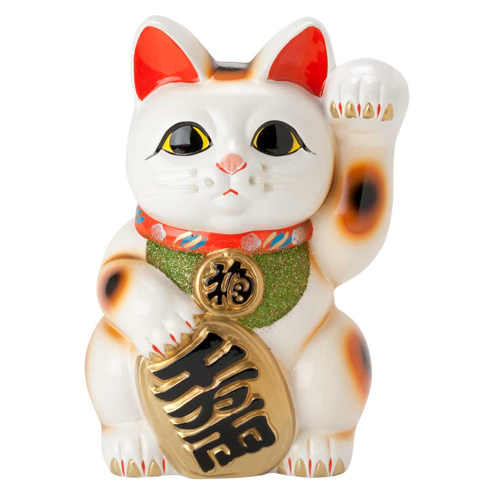 常滑焼　招き猫　8号小判白猫貯金箱　左手上げ (143-66-86)　愛知県の工芸品　Tokoname-yaki Lucky cat