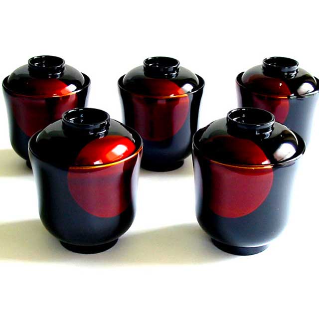蓋付き椀】小吸物椀 日月白檀 5客セット 漆塗り (MA-607) Bowl with