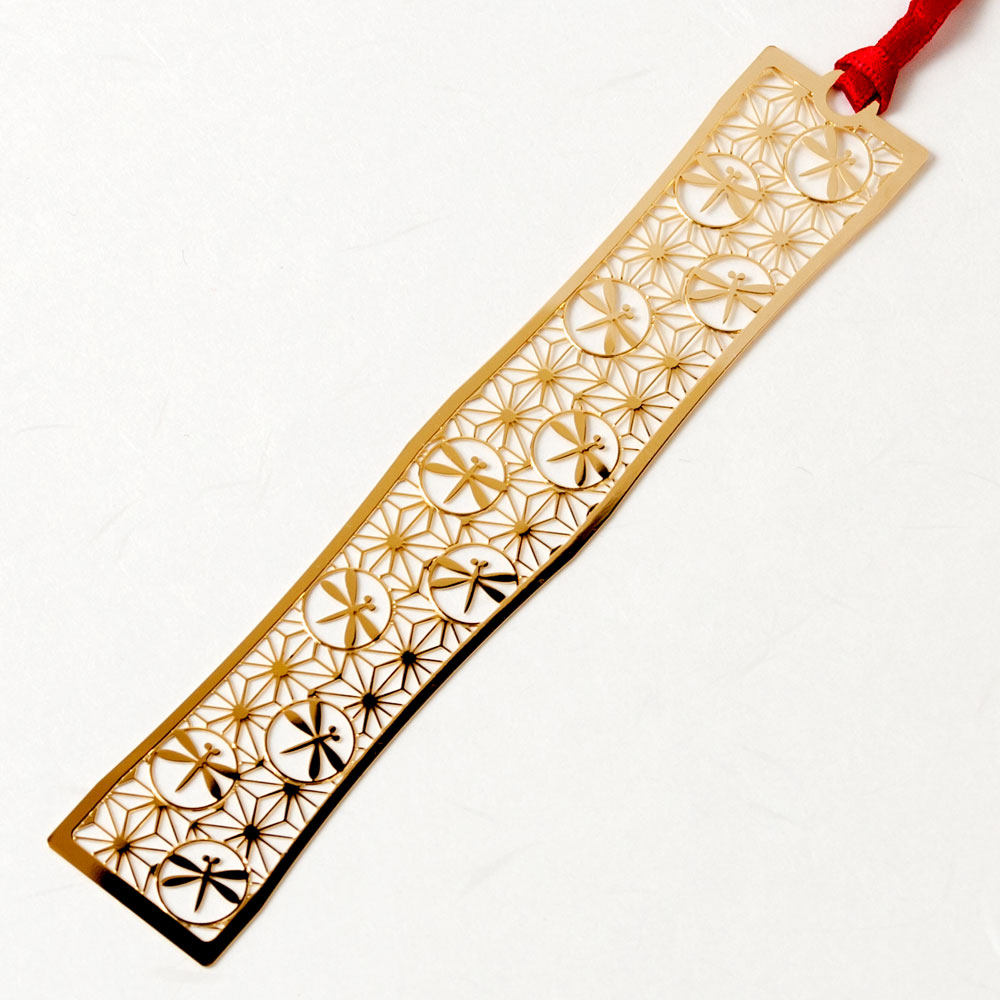 和柄ブックマーカー　麻の葉とんぼ (WAG011)　金の栞シリーズ　24K表面加工　金属製ブックマーカー　Metal bookmark  Japanese pattern