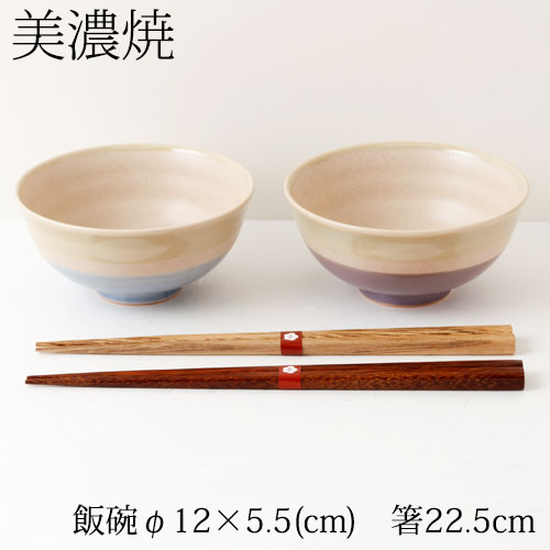 ご飯茶碗ギフトセット２客　箸付き　ラフィネ　パープル＆ブルー　PLBL (IV-0130)　Rice bowls gift set