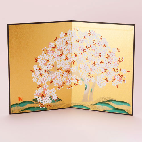 金彩屏風　桜山 (HK777)　置物・お飾り用品　ディスプレイ用　Gold folding screen for figurine