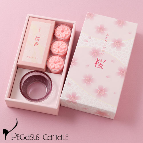 あかりとかおり　桜　キャンドルと線香のセット　ペガサスキャンドル　Candle and incense set
