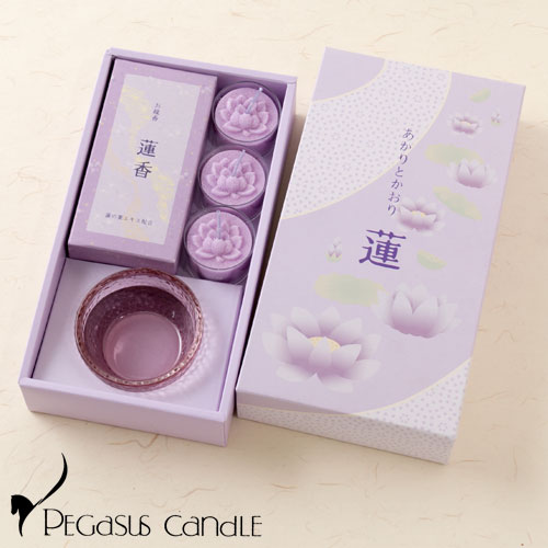 あかりとかおり　蓮　キャンドルと線香のセット　ペガサスキャンドル　Candle and incense set　※在庫限り