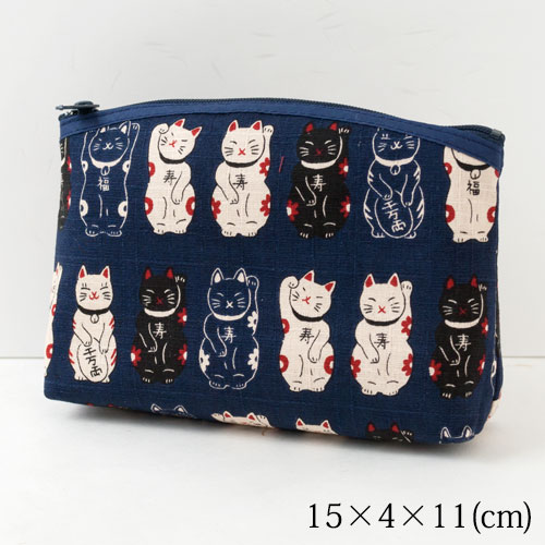 笑福猫のねこづくしポーチ　紺　化粧ポーチ　Lucky cat pattern pouch