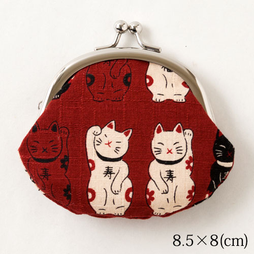 笑福猫のねこづくしがま口　赤　小銭入れ　Lucky cat pattern coin case