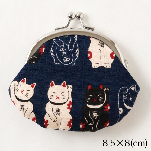 笑福猫のねこづくしがま口　紺　小銭入れ　Lucky cat pattern coin case