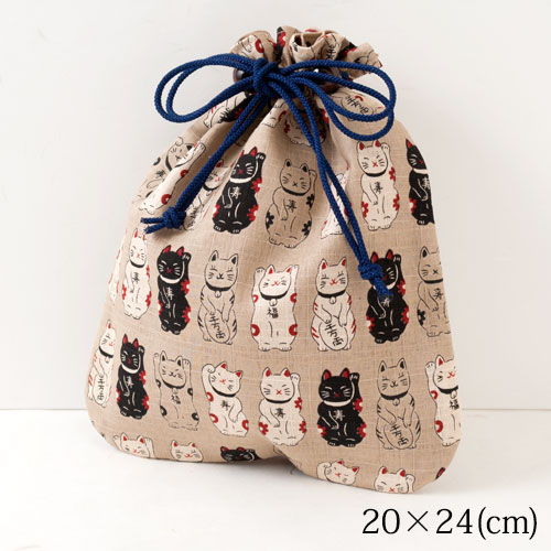 笑福猫のねこづくし巾着袋　ベージュ　Lucky cat pattern drawstring bag