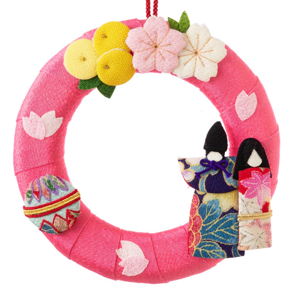 京都夢み屋〈季節のリース〉3月 雛祭り IR-3｜雛祭りのモチーフをちりめんで飾った、掛け・置き2WAYの季節リース
