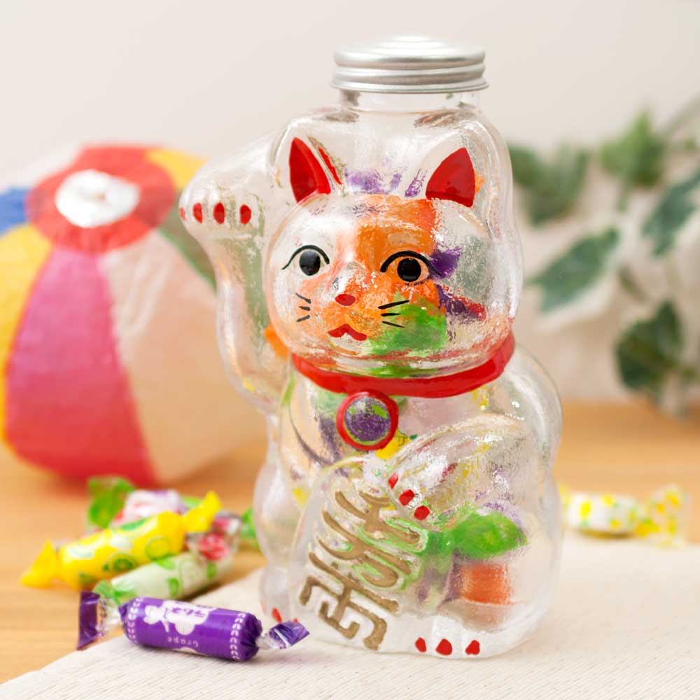 廣田硝子 招き猫 貯金箱 (SM-2M) レトロ感ある懐かしのガラス瓶 Lucky