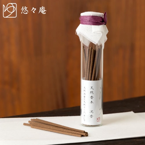 スティックお香　天然沈香　ガラスビン入　天然成分だけで作った水晶入りお線香　悠々庵　Incense made from natural ingredients