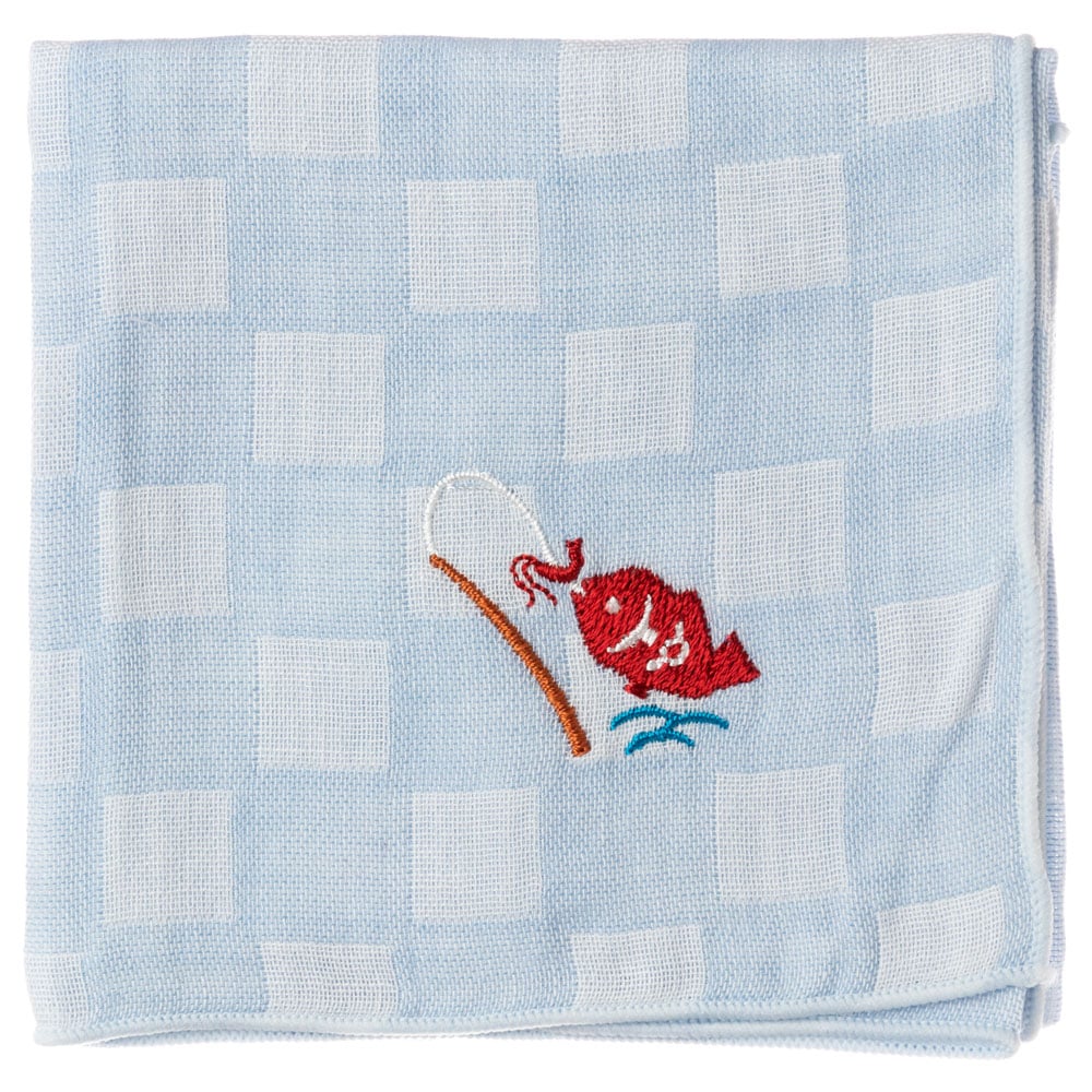 ことわざハンカチ　海老で鯛を釣る　刺繍入りガーゼハンカチ　スーベニール　Japanese pattern embroidered gauze handkerchief