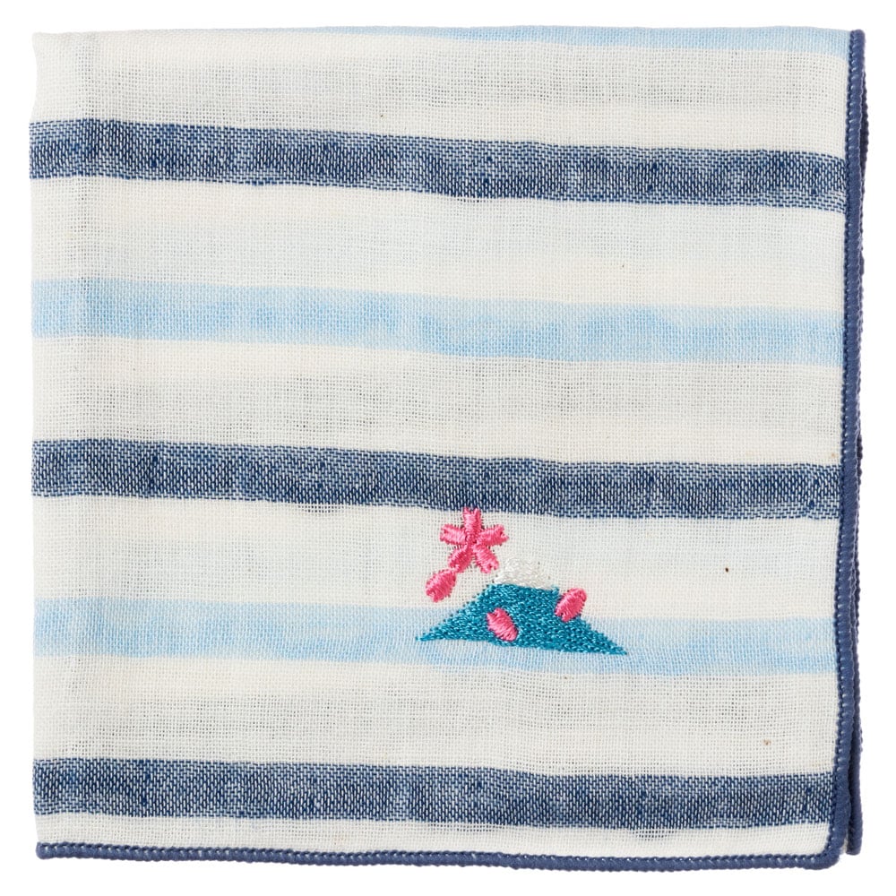 富士山ハンカチ　桜（ブルーボーダー）　刺繍入りガーゼハンカチ　スーベニール　Japanese pattern embroidered gauze handkerchief
