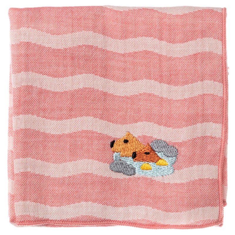 温泉動物ハンカチ　カピバラ　刺繍入りガーゼハンカチ　スーベニール　Animal illustration embroidered gauze handkerchief