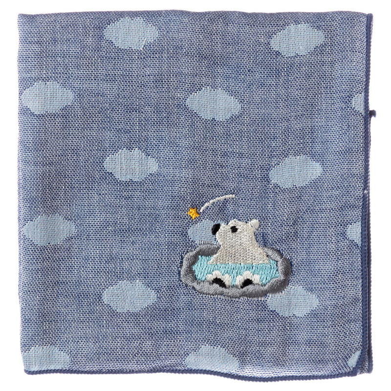 温泉動物ハンカチ　クマ　刺繍入りガーゼハンカチ　スーベニール　Animal illustration embroidered gauze handkerchief