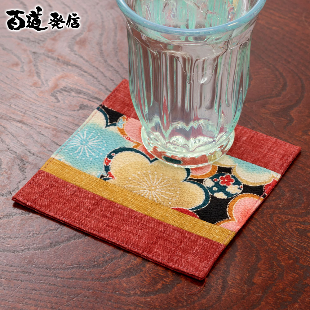 百道発信　花色コースター　赤 (IKI-1417)　リバーシブル　福岡県の布製品　Fabric coaster　※在庫限り