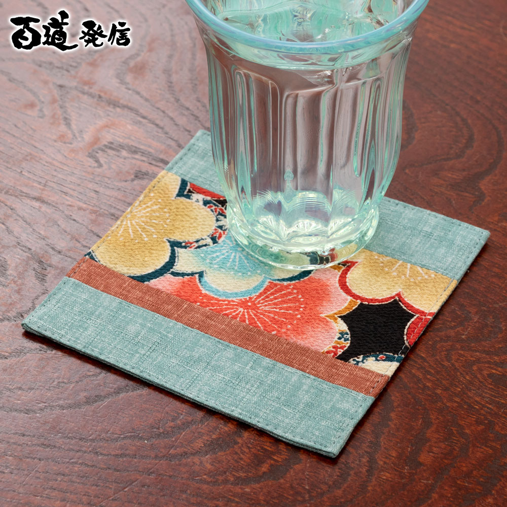 百道発信　花色コースター　水色 (IKI-1417)　リバーシブル　福岡県の布製品　Fabric coaster　※在庫限り